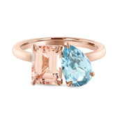 Moi et Toi Ring – Emerald cut 1.65 ct Morganite, and Pear shape 1.40ct Blue Topaz – 18K Yellow Gold ✨